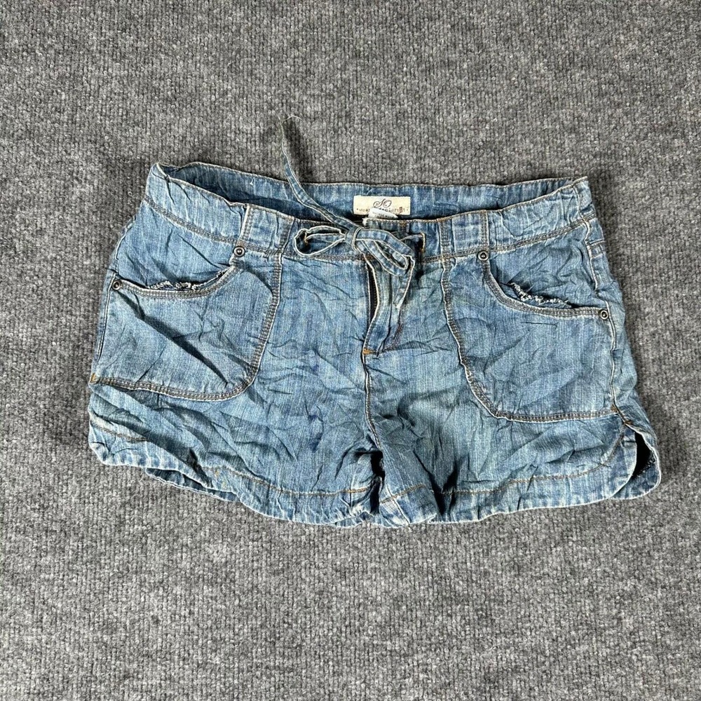 SO Denim Shorts Womens Size 5 Blue Drawstring Cotton Casual Utility Mini Stained
